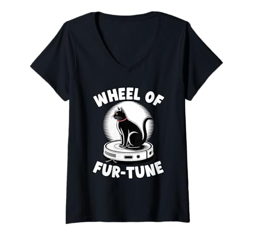 Damen Wheel of Fur-Tune Cat Joke Roboter Staubsauger Katze T-Shirt mit V-Ausschnitt von Funny Cat Lover Designs
