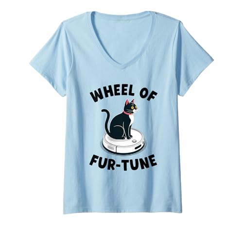 Damen Wheel of Fur-Tune Cat Joke Roboter Staubsauger Katze T-Shirt mit V-Ausschnitt von Funny Cat Lover Designs
