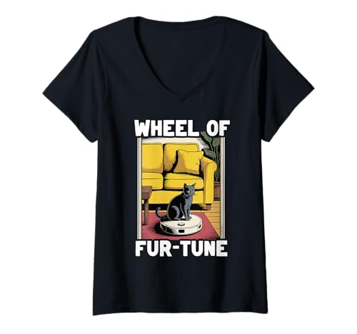 Damen Wheel of Fur-Tune Cat Joke Roboter Staubsauger Katze T-Shirt mit V-Ausschnitt von Funny Cat Lover Designs