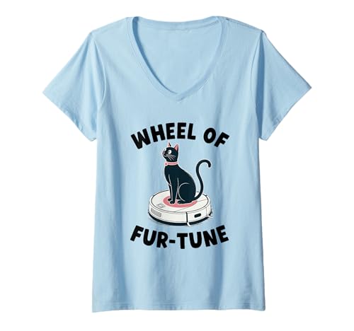 Damen Wheel of Fur-Tune Cat Joke Roboter Staubsauger Katze T-Shirt mit V-Ausschnitt von Funny Cat Lover Designs