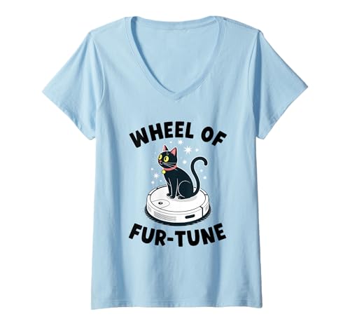 Damen Wheel of Fur-Tune Cat Joke Roboter Staubsauger Katze T-Shirt mit V-Ausschnitt von Funny Cat Lover Designs