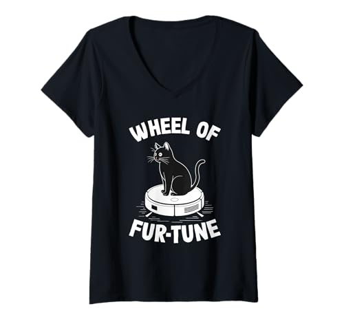 Damen Wheel of Fur-Tune Cat Joke Roboter Staubsauger Katze T-Shirt mit V-Ausschnitt von Funny Cat Lover Designs