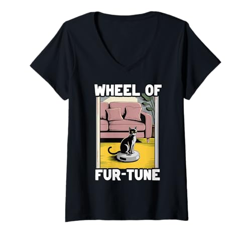 Damen Wheel of Fur-Tune Cat Joke Roboter Staubsauger Katze T-Shirt mit V-Ausschnitt von Funny Cat Lover Designs