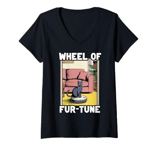 Damen Wheel of Fur-Tune Cat Joke Roboter Staubsauger Katze T-Shirt mit V-Ausschnitt von Funny Cat Lover Designs