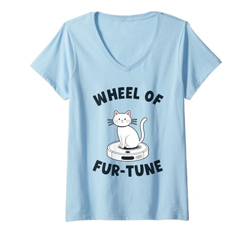 Damen Wheel of Fur-Tune Cat Joke Roboter Staubsauger Katze T-Shirt mit V-Ausschnitt von Funny Cat Lover Designs