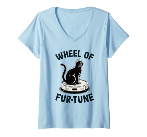 Damen Wheel of Fur-Tune Cat Joke Roboter Staubsauger Katze T-Shirt mit V-Ausschnitt von Funny Cat Lover Designs