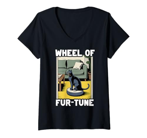 Damen Wheel of Fur-Tune Cat Joke Roboter Staubsauger Katze T-Shirt mit V-Ausschnitt von Funny Cat Lover Designs