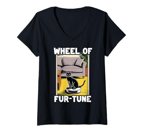 Damen Wheel of Fur-Tune Cat Joke Roboter Staubsauger Katze T-Shirt mit V-Ausschnitt von Funny Cat Lover Designs