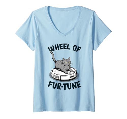 Damen Wheel of Fur-Tune Cat Joke Roboter Staubsauger Katze T-Shirt mit V-Ausschnitt von Funny Cat Lover Designs