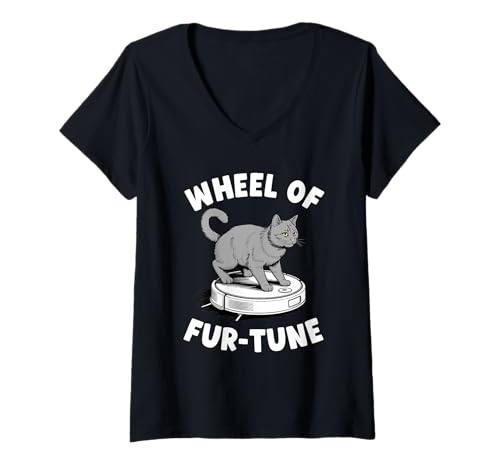 Damen Wheel of Fur-Tune Cat Joke Roboter Staubsauger Katze T-Shirt mit V-Ausschnitt von Funny Cat Lover Designs