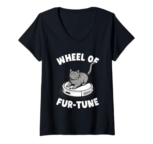 Damen Wheel of Fur-Tune Cat Joke Roboter Staubsauger Katze T-Shirt mit V-Ausschnitt von Funny Cat Lover Designs