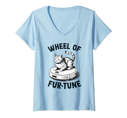 Damen Wheel of Fur-Tune Cat Joke Roboter Staubsauger Katze T-Shirt mit V-Ausschnitt von Funny Cat Lover Designs