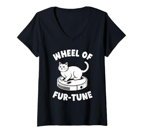 Damen Wheel of Fur-Tune Cat Joke Roboter Staubsauger Katze T-Shirt mit V-Ausschnitt von Funny Cat Lover Designs