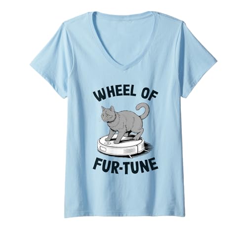 Damen Wheel of Fur-Tune Cat Joke Roboter Staubsauger Katze T-Shirt mit V-Ausschnitt von Funny Cat Lover Designs