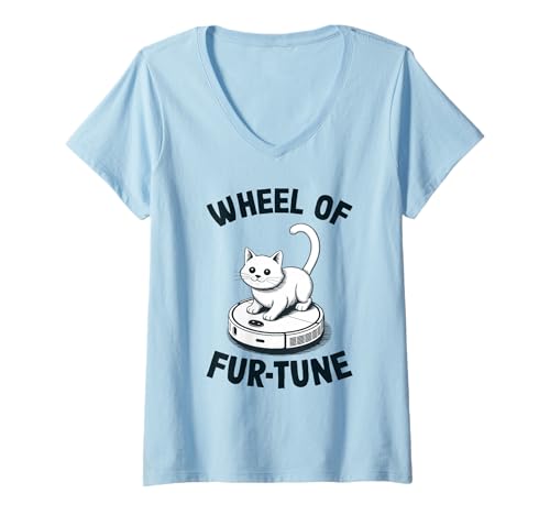 Damen Wheel of Fur-Tune Cat Joke Roboter Staubsauger Katze T-Shirt mit V-Ausschnitt von Funny Cat Lover Designs