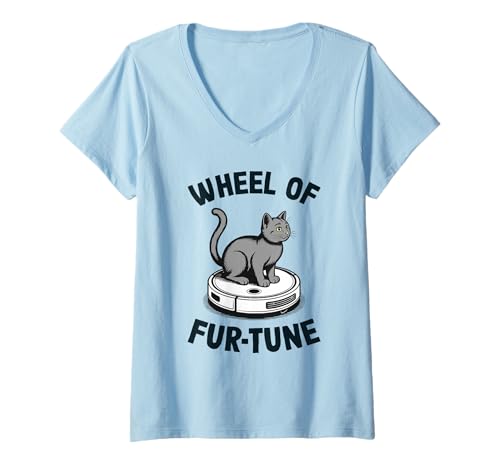 Damen Wheel of Fur-Tune Cat Joke Roboter Staubsauger Katze T-Shirt mit V-Ausschnitt von Funny Cat Lover Designs
