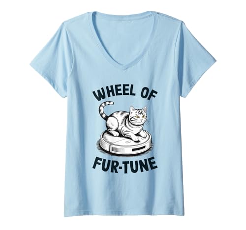 Damen Wheel of Fur-Tune Cat Joke Roboter Staubsauger Katze T-Shirt mit V-Ausschnitt von Funny Cat Lover Designs