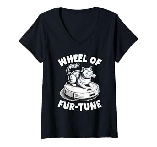 Damen Wheel of Fur-Tune Cat Joke Roboter Staubsauger Katze T-Shirt mit V-Ausschnitt von Funny Cat Lover Designs