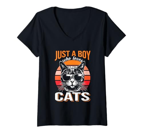 Damen Just A Boy Who Loves Cats Shirt Lustiger Katzenliebhaber T-Shirt mit V-Ausschnitt Damen Just A Boy Who Loves Cats Shirt Lustiger Katzenliebhaber T-Shirt mit V-Ausschnitt von Funny Cat Lover Gift Shirts