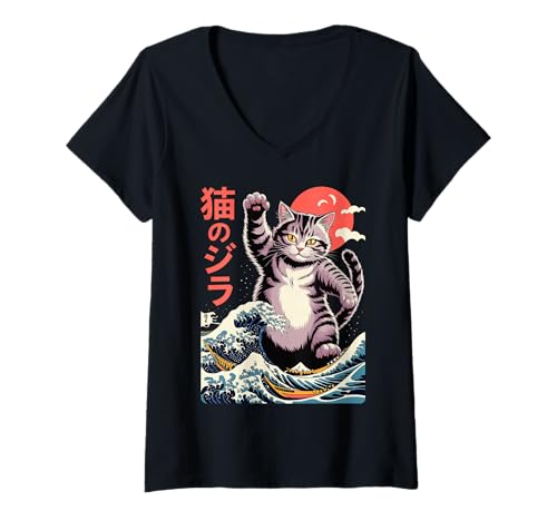 Damen Japanese Cat Art Monster Wave Funny Cat for Men Women Kids T-Shirt mit V-Ausschnitt Damen Japanese Cat Art Monster Wave Funny Cat for Men Women Kids T-Shirt mit V-Ausschnitt von Funny Cat Lover Gifts Tee Shirts Kitten Kitty Art