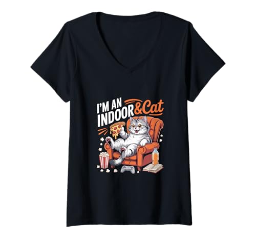 Damen Vintage Cat Sign Of I'm An Indoor Cat For Funny Cat Lovers T-Shirt mit V-Ausschnitt Damen Vintage Cat Sign Of I'm An Indoor Cat For Funny Cat Lovers T-Shirt mit V-Ausschnitt von Funny Cat Lover Shirt Of I’m An Indoor Cat Funny