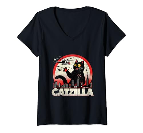 Damen Retro Catzilla Cat Lovers Graphic Gifts Cat Mom Dad Catzilla T-Shirt mit V-Ausschnitt Damen Retro Catzilla Cat Lovers Graphic Gifts Cat Mom Dad Catzilla T-Shirt mit V-Ausschnitt von Funny Cat Lovers-Catzilla Outfit Costume Men Women