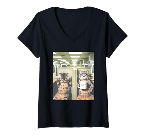 Damen Katze Kaffeepause Katzen Büro Meme T-Shirt mit V-Ausschnitt Damen Katze Kaffeepause Katzen Büro Meme T-Shirt mit V-Ausschnitt von Funny Cat Meme Designs