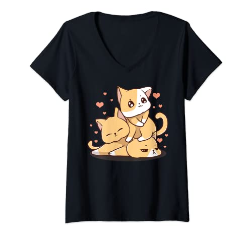 Damen Cute Cat Mountain Lustiges Katzen-Berg, Meowtain Kitten Neko Kitty T-Shirt mit V-Ausschnitt von Funny Cat Mountain Cute Kitten Meowtain