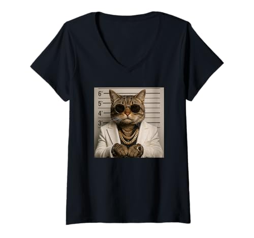 Damen Funny Cat Mugshot Meme T-Shirt mit V-Ausschnitt Damen Funny Cat Mugshot Meme T-Shirt mit V-Ausschnitt von Funny Cat Mugshot Meme