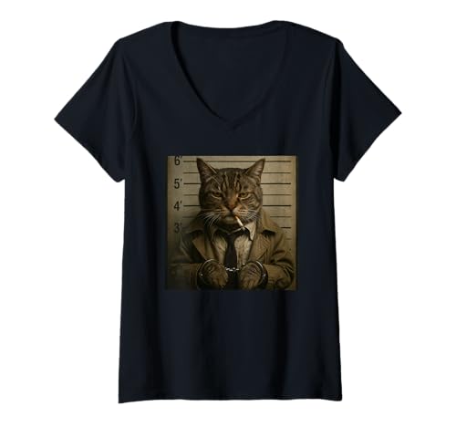 Damen Funny Cat Mugshot Meme T-Shirt mit V-Ausschnitt Damen Funny Cat Mugshot Meme T-Shirt mit V-Ausschnitt von Funny Cat Mugshot Meme