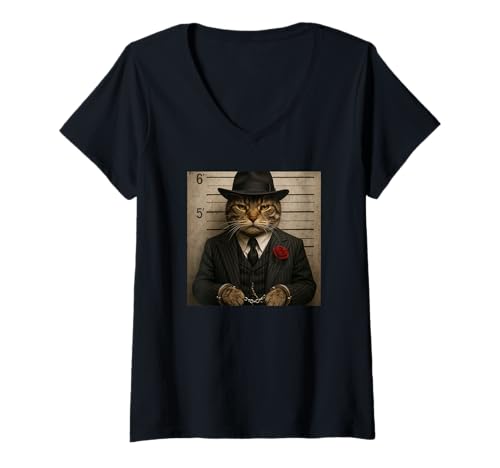 Damen Funny Cat Mugshot Meme T-Shirt mit V-Ausschnitt Damen Funny Cat Mugshot Meme T-Shirt mit V-Ausschnitt von Funny Cat Mugshot Meme