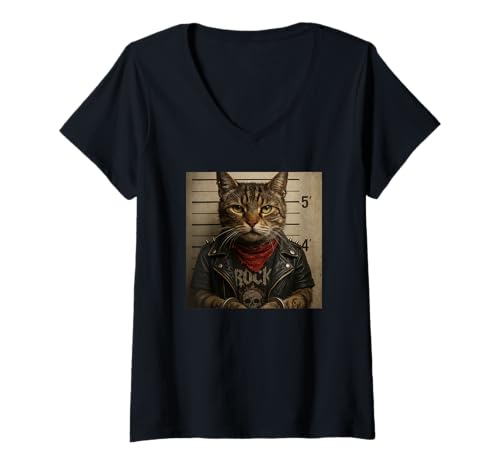 Damen Funny Cat Mugshot Meme T-Shirt mit V-Ausschnitt Damen Funny Cat Mugshot Meme T-Shirt mit V-Ausschnitt von Funny Cat Mugshot Meme