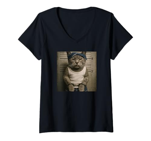 Damen Funny Cat Mugshot Meme T-Shirt mit V-Ausschnitt Damen Funny Cat Mugshot Meme T-Shirt mit V-Ausschnitt von Funny Cat Mugshot Meme