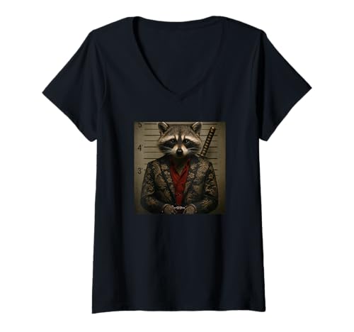 Damen Funny Raccoon Mugshot Meme T-Shirt mit V-Ausschnitt Damen Funny Raccoon Mugshot Meme T-Shirt mit V-Ausschnitt von Funny Cat Mugshot Meme