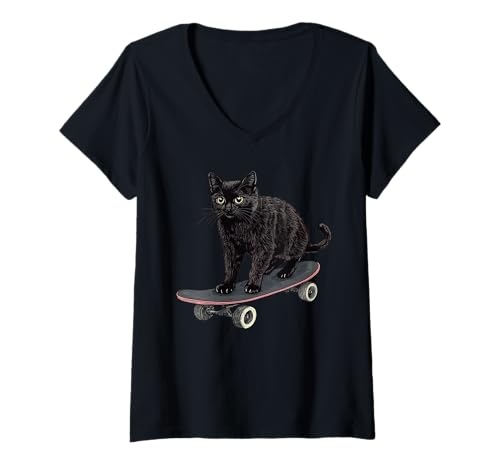 Damen Funny Black Cat On A Skateboard Skateboarding T-Shirt mit V-Ausschnitt Damen Funny Black Cat On A Skateboard Skateboarding T-Shirt mit V-Ausschnitt von Funny Cat On A Skateboard Skateboarding Apparel