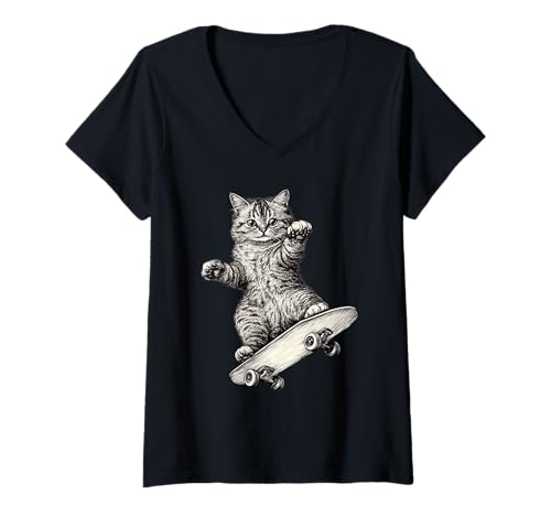 Damen Funny Cat On A Skateboard Skateboarding T-Shirt mit V-Ausschnitt Damen Funny Cat On A Skateboard Skateboarding T-Shirt mit V-Ausschnitt von Funny Cat On A Skateboard Skateboarding Apparel