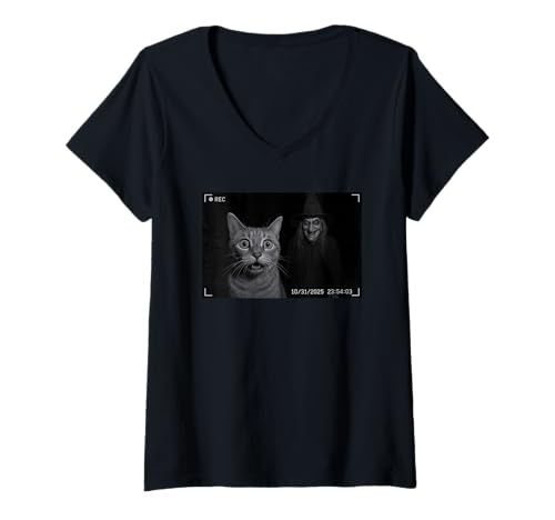 Damen Funny Cat On Security Camera with Witch Halloween T-Shirt mit V-Ausschnitt Damen Funny Cat On Security Camera with Witch Halloween T-Shirt mit V-Ausschnitt von Funny Cat On Security Camera With Witch Halloween