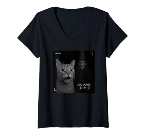 Damen Funny Cat On Security Camera with Witch Halloween T-Shirt mit V-Ausschnitt Damen Funny Cat On Security Camera with Witch Halloween T-Shirt mit V-Ausschnitt von Funny Cat On Security Camera With Witch Halloween