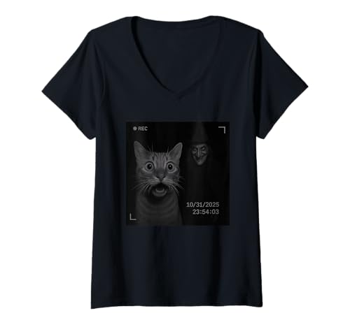 Damen Funny Cat On Security Camera with Witch Halloween T-Shirt mit V-Ausschnitt Damen Funny Cat On Security Camera with Witch Halloween T-Shirt mit V-Ausschnitt von Funny Cat On Security Camera With Witch Halloween