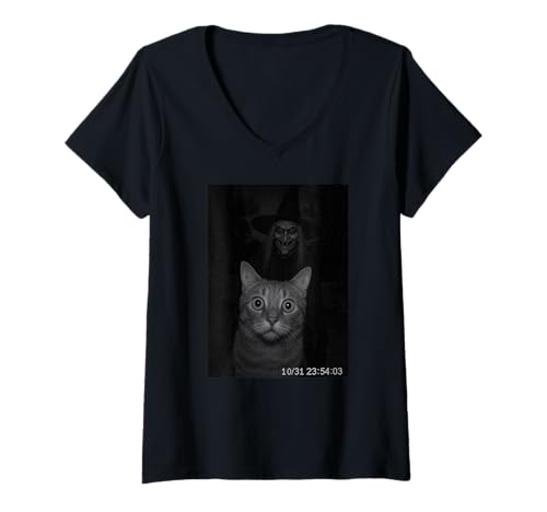 Damen Funny Cat On Security Camera with Witch Halloween T-Shirt mit V-Ausschnitt Damen Funny Cat On Security Camera with Witch Halloween T-Shirt mit V-Ausschnitt von Funny Cat On Security Camera With Witch Halloween