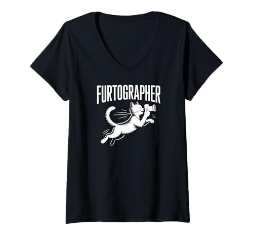 Damen Furtographer Katze Fotografie Kamera Humor T-Shirt mit V-Ausschnitt Damen Furtographer Katze Fotografie Kamera Humor T-Shirt mit V-Ausschnitt von Funny Cat Photography Camera Design