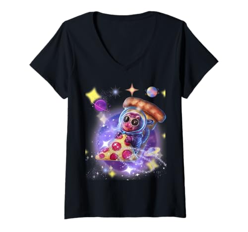 Damen Space Cat Pizza Pelzkatze Pizza Galaxien Futter Kitty Cosmic T-Shirt mit V-Ausschnitt Damen Space Cat Pizza Pelzkatze Pizza Galaxien Futter Kitty Cosmic T-Shirt mit V-Ausschnitt von Funny Cat Pizza Galaxies