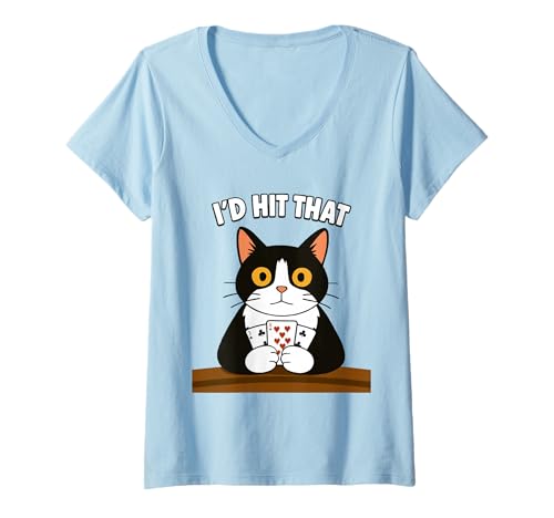 Damen Funny Cat I'd Hit That 11 of Blackjack-Karten T-Shirt mit V-Ausschnitt Damen Funny Cat I'd Hit That 11 of Blackjack-Karten T-Shirt mit V-Ausschnitt von Funny Cat Playing Card Games