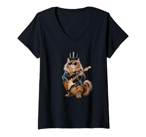 Damen Vintage Rock Cat Playing Guitar 80er 90s Rock Music Cat T-Shirt mit V-Ausschnitt Damen Vintage Rock Cat Playing Guitar 80er 90s Rock Music Cat T-Shirt mit V-Ausschnitt von Funny Cat Playing Guitar Music