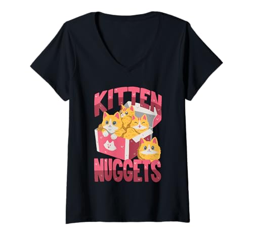Damen Kätzchen-Nuggets T-Shirt mit V-Ausschnitt Damen Kätzchen-Nuggets T-Shirt mit V-Ausschnitt von Funny Cat Puns
