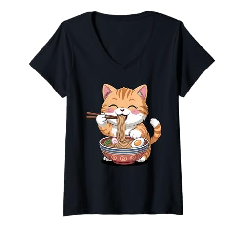 Damen Süße Katze frisst Ramen japanische Kawaii Tiernudeln T-Shirt mit V-Ausschnitt Damen Süße Katze frisst Ramen japanische Kawaii Tiernudeln T-Shirt mit V-Ausschnitt von Funny Cat Ramen Lover Apparel