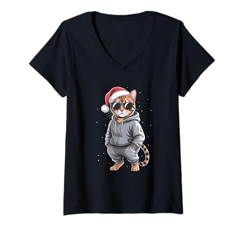 Damen Weihnachtsmann Katze Weihnachten T-Shirt mit V-Ausschnitt Damen Weihnachtsmann Katze Weihnachten T-Shirt mit V-Ausschnitt von Funny Cat Santa Christmas Style