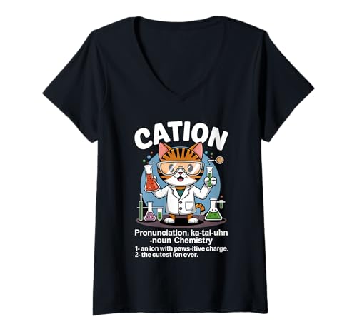 Damen Cation Science Cat Chemist Nerd Lab Wortspiel Physik Katzenliebhaber T-Shirt mit V-Ausschnitt von Funny Cat Scientist Apparel for Men Women & Kids