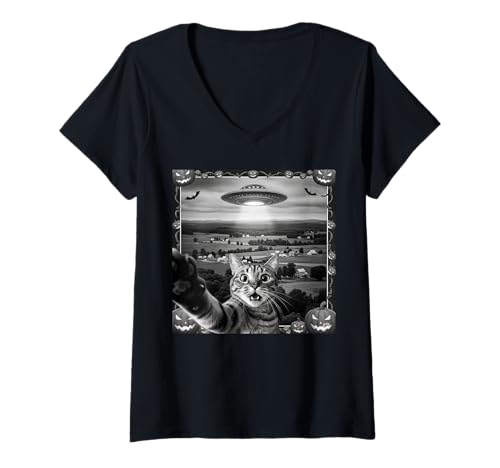 Damen Katze Selfie mit Alien UFO Halloween Lustige Katze Selfie Kürbis T-Shirt mit V-Ausschnitt Damen Katze Selfie mit Alien UFO Halloween Lustige Katze Selfie Kürbis T-Shirt mit V-Ausschnitt von Funny Cat Selfie Alien UFO Halloween Pumpkin