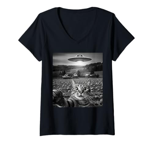 Damen Lustige Katze Selfie mit Alien UFO Halloween Katze für Männer Frauen T-Shirt mit V-Ausschnitt von Funny Cat Selfie Alien UFO Halloween Pumpkin